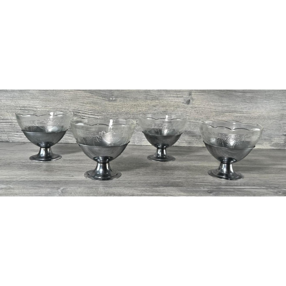 MacBeth Evans American Sweetheart Clear Sherbet Cups Metal Holders Lot Set Of 4